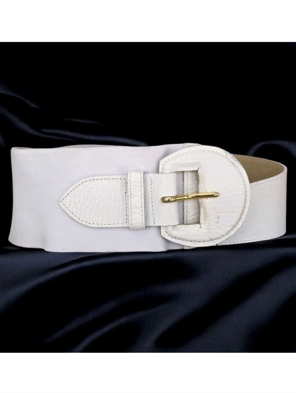 Vintage Christian Dior White Wide Elastic Leather Statement Waist Cinch Belt S/M